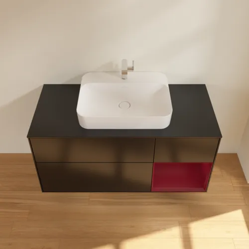 VILLEROY BOCH Toaletní skříňka Finion, s osvětlením, 3 výsuvy, 1200 x 603 x 501 mm, černý matný lak / pivoňkový matný lak / černé matné sklo #F422HBPD, obrázek 4