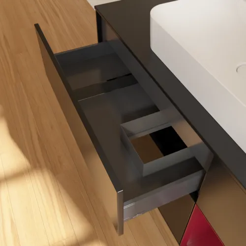 VILLEROY BOCH Toaletní skříňka Finion, s osvětlením, 3 výsuvy, 1200 x 603 x 501 mm, černý matný lak / pivoňkový matný lak / černé matné sklo #F422HBPD, obrázek 8