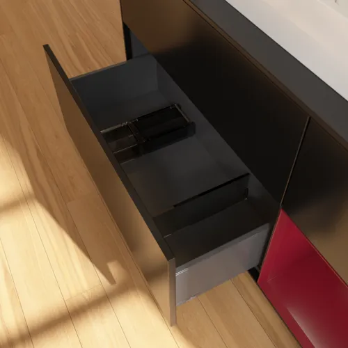 VILLEROY BOCH Toaletní skříňka Finion, s osvětlením, 3 výsuvy, 1200 x 603 x 501 mm, černý matný lak / pivoňkový matný lak / černé matné sklo #F422HBPD, obrázek 7