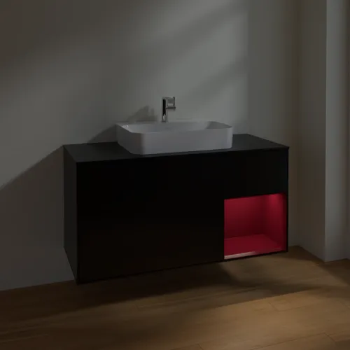 VILLEROY BOCH Toaletní skříňka Finion, s osvětlením, 3 výsuvy, 1200 x 603 x 501 mm, černý matný lak / pivoňkový matný lak / černé matné sklo #F422HBPD, obrázek 5