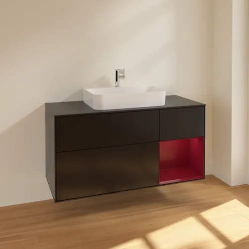 VILLEROY BOCH Toaletní skříňka Finion, s osvětlením, 3 výsuvy, 1200 x 603 x 501 mm, černý matný lak / pivoňkový matný lak / černé matné sklo #F422HBPD, obrázek 2