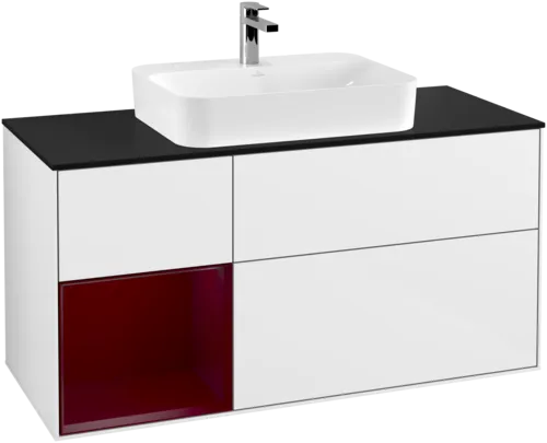 VILLEROY BOCH Toaletní skříňka Finion, s osvětlením, 3 výsuvy, 1200 x 603 x 501 mm, lesklý bílý lak / matný lak Pivoňka / matné černé sklo #F412HBGF