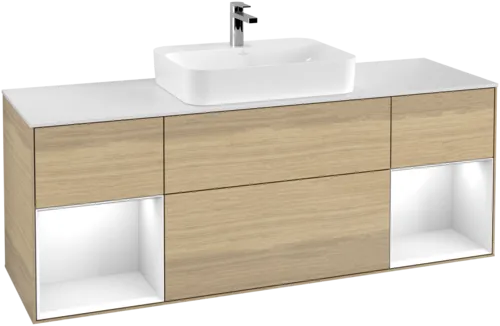 VILLEROY BOCH Toaletní skříňka Finion, s osvětlením, 4 výsuvy, 1600 x 603 x 501 mm, dubová dýha / lesklý bílý lak / sklo bílé matné #F451GFPC, obrázek 1