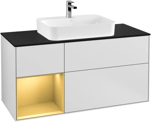 VILLEROY BOCH Toaletní skříňka Finion, s osvětlením, 3 výsuvy, 1200 x 603 x 501 mm, bílý matný lak / zlatý matný lak / černé matné sklo #F412HFMT