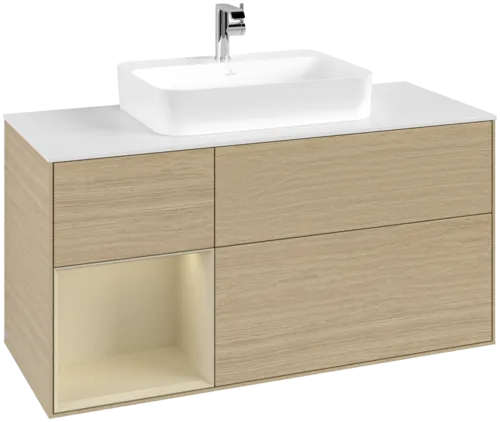 VILLEROY BOCH Toaletní skříňka Finion, s osvětlením, 3 výsuvy, 1200 x 603 x 501 mm, dubová dýha / hedvábně šedý matný lak / sklo bílé matné #F411HJPC