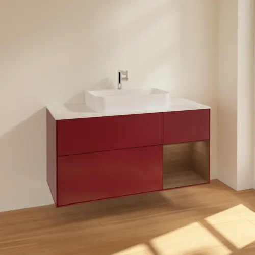 VILLEROY BOCH Toaletní skříňka Finion, s osvětlením, 3 výsuvy, 1200 x 603 x 501 mm, matný lak Peony / ořechová dýha / bílé matné sklo #F421GNHB, obrázek 2