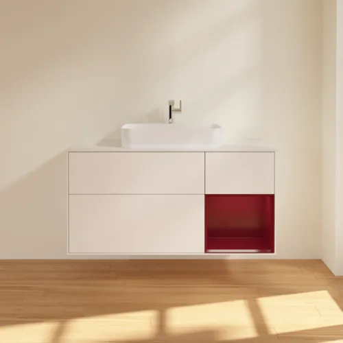 VILLEROY BOCH Toaletní skříňka Finion, s osvětlením, 3 výsuvy, 1200 x 603 x 501 mm, bílý matný lak / pivoňkový matný lak / sklo bílé matné #F421HBMT, obrázek 3