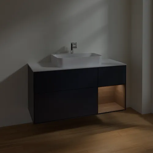 VILLEROY BOCH Toaletní skříňka Finion, s osvětlením, 3 výsuvy, 1200 x 603 x 501 mm, půlnočně modrý matný lak / ořechová dýha / bílé matné sklo #F421GNHG, obrázek 5