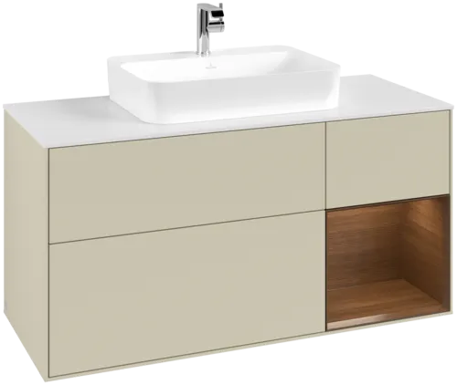 VILLEROY BOCH Toaletní skříňka Finion, s osvětlením, 3 výsuvy, 1200 x 603 x 501 mm, hedvábně šedý matný lak / ořechová dýha / sklo bílé matné #F421GNHJ