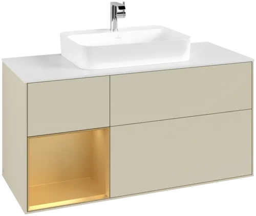 VILLEROY BOCH Toaletní skříňka Finion, s osvětlením, 3 výsuvy, 1200 x 603 x 501 mm, Silk Grey Matt Lacquer / Gold Matt Lacquer / Glass White Matt #F411HFHJ