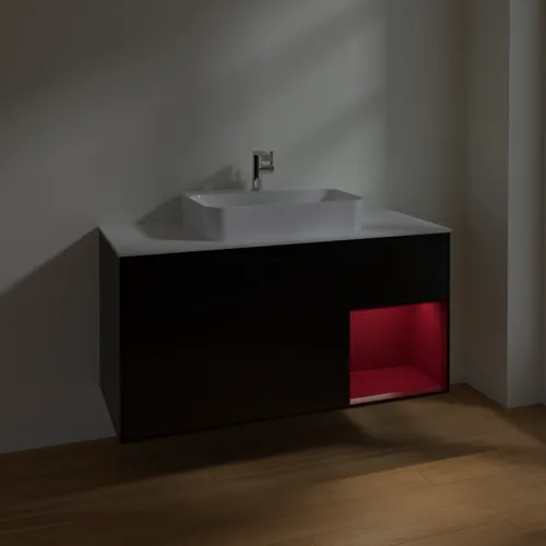 VILLEROY BOCH Toaletní skříňka Finion, s osvětlením, 3 výsuvy, 1200 x 603 x 501 mm, černý matný lak / pivoňkový matný lak / bílé matné sklo #F421HBPD, obrázek 5