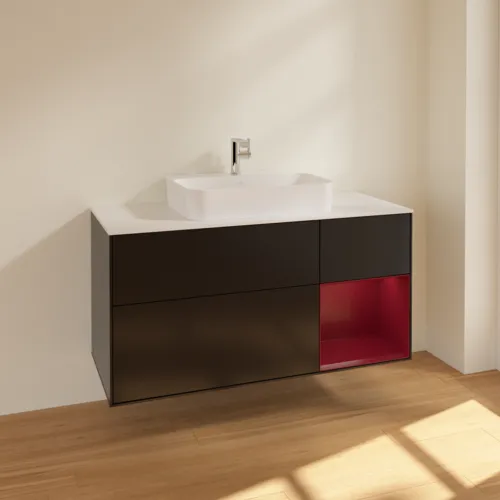 VILLEROY BOCH Toaletní skříňka Finion, s osvětlením, 3 výsuvy, 1200 x 603 x 501 mm, černý matný lak / pivoňkový matný lak / bílé matné sklo #F421HBPD, obrázek 2