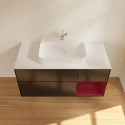 VILLEROY BOCH Toaletní skříňka Finion, s osvětlením, 3 výsuvy, 1200 x 603 x 501 mm, černý matný lak / pivoňkový matný lak / bílé matné sklo #F421HBPD, obrázek 4