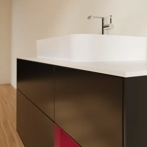 VILLEROY BOCH Toaletní skříňka Finion, s osvětlením, 3 výsuvy, 1200 x 603 x 501 mm, černý matný lak / pivoňkový matný lak / bílé matné sklo #F421HBPD, obrázek 6