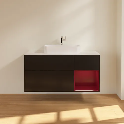 VILLEROY BOCH Toaletní skříňka Finion, s osvětlením, 3 výsuvy, 1200 x 603 x 501 mm, černý matný lak / pivoňkový matný lak / bílé matné sklo #F421HBPD, obrázek 3