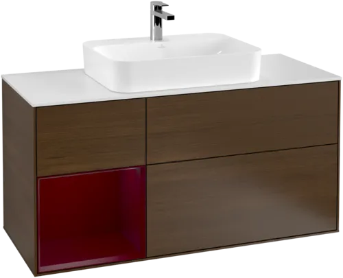 VILLEROY BOCH Toaletní skříňka Finion, s osvětlením, 3 výsuvy, 1200 x 603 x 501 mm, ořechová dýha / matný lak Pivoňka / matné bílé sklo #F411HBGN