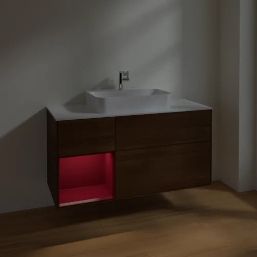 VILLEROY BOCH Toaletní skříňka Finion, s osvětlením, 3 výsuvy, 1200 x 603 x 501 mm, ořechová dýha / matný lak Pivoňka / matné bílé sklo #F411HBGN, obrázek 5