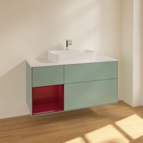 VILLEROY BOCH Toaletní skříňka Finion, s osvětlením, 3 výsuvy, 1200 x 603 x 501 mm, olivový matný lak / pivoňkový matný lak / bílé matné sklo #F411HBGM, obrázek 2