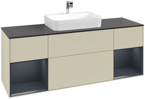 VILLEROY BOCH Toaletní skříňka Finion, s osvětlením, 4 výsuvy, 1600 x 603 x 501 mm, hedvábně šedý matný lak / půlnočně modrý matný lak / černé matné sklo #F452HGHJ