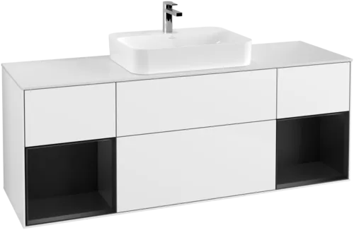 VILLEROY BOCH Toaletní skříňka Finion, s osvětlením, 4 výsuvy, 1600 x 603 x 501 mm, lesklý bílý lak / černý matný lak / sklo bílé matné #F451PDGF