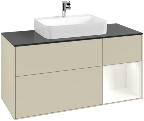 VILLEROY BOCH Toaletní skříňka Finion, s osvětlením, 3 výsuvy, 1200 x 603 x 501 mm, Silk Grey Matt Lacquer / White Matt Lacquer / Glass Black Matt #F422MTHJ