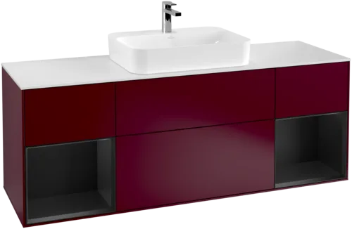 VILLEROY BOCH Toaletní skříňka Finion, s osvětlením, 4 výsuvy, 1600 x 603 x 501 mm, Pivoňka matný lak / Černý matný lak / Sklo bílé matné #F451PDHB