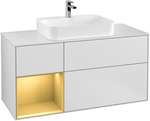 VILLEROY BOCH Toaletní skříňka Finion, s osvětlením, 3 výsuvy, 1200 x 603 x 501 mm, bílý matný lak / zlatý matný lak / bílé matné sklo #F411HFMT