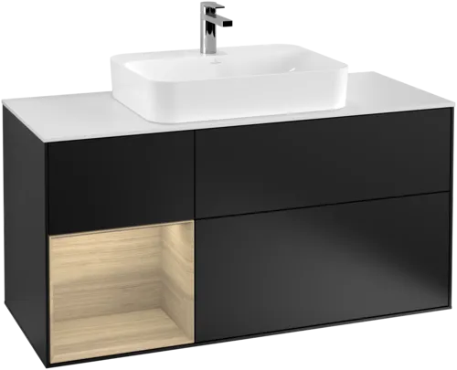 VILLEROY BOCH Toaletní skříňka Finion, s osvětlením, 3 výsuvy, 1200 x 603 x 501 mm, černý matný lak / dubová dýha / sklo bílé matné #F411PCPD