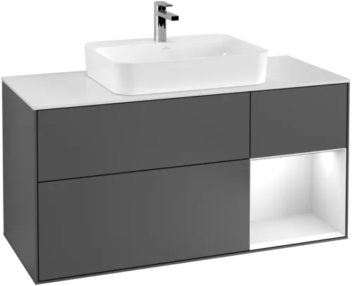 VILLEROY BOCH Toaletní skříňka Finion, s osvětlením, 3 výsuvy, 1200 x 603 x 501 mm, antracitový matný lak / bílý matný lak / bílé matné sklo #F421MTGK