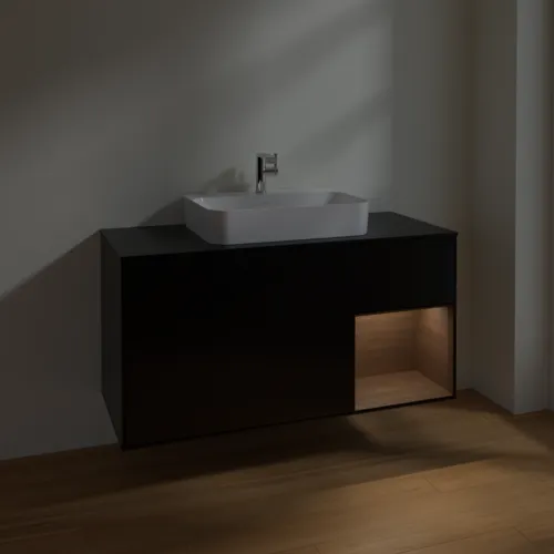VILLEROY BOCH Toaletní skříňka Finion, s osvětlením, 3 výsuvy, 1200 x 603 x 501 mm, černý matný lak / ořechová dýha / černé matné sklo #F422GNPD, obrázek 5