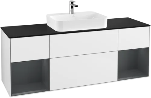VILLEROY BOCH Toaletní skříňka Finion, s osvětlením, 4 výsuvy, 1600 x 603 x 501 mm, lesklý bílý lak / půlnoční modrý matný lak / černé matné sklo #F452HGGF