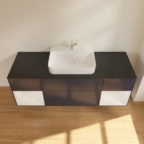 VILLEROY BOCH Toaletní skříňka Finion, s osvětlením, 4 výsuvy, 1600 x 603 x 501 mm, Midnight Blue Matt Lacquer / Glossy White Lacquer / Glass Black Matt #F452GFHG, obrázek 4