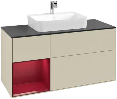 VILLEROY BOCH Toaletní skříňka Finion, s osvětlením, 3 výsuvy, 1200 x 603 x 501 mm, Silk Grey Matt Lacquer / Peony Matt Lacquer / Glass Black Matt #F412HBHJ