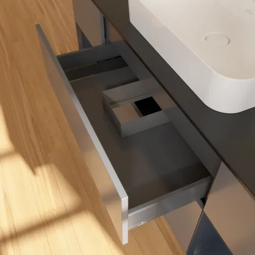 VILLEROY BOCH Toaletní skříňka Finion, s osvětlením, 4 výsuvy, 1600 x 603 x 501 mm, antracitový matný lak / půlnoční modrý matný lak / černé matné sklo #F452HGGK, obrázek 3