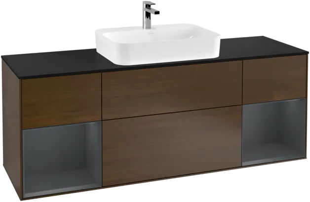 VILLEROY BOCH Toaletní skříňka Finion, s osvětlením, 4 výsuvy, 1600 x 603 x 501 mm, ořechová dýha / půlnočně modrý matný lak / černé matné sklo #F452HGGN, obrázek 1