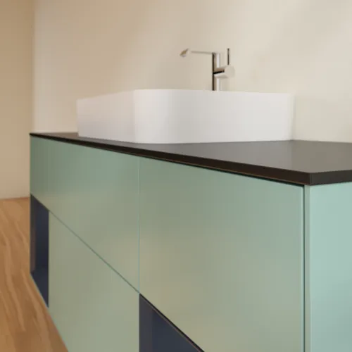 VILLEROY BOCH Toaletní skříňka Finion, s osvětlením, 4 výsuvy, 1600 x 603 x 501 mm, olivový matný lak / půlnoční modrý matný lak / černé matné sklo #F452HGGM, obrázek 4