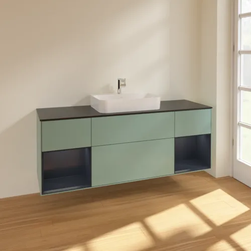 VILLEROY BOCH Toaletní skříňka Finion, s osvětlením, 4 výsuvy, 1600 x 603 x 501 mm, olivový matný lak / půlnoční modrý matný lak / černé matné sklo #F452HGGM, obrázek 2