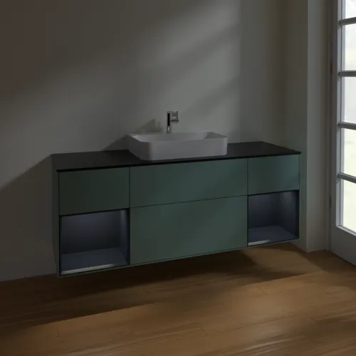 VILLEROY BOCH Toaletní skříňka Finion, s osvětlením, 4 výsuvy, 1600 x 603 x 501 mm, olivový matný lak / půlnoční modrý matný lak / černé matné sklo #F452HGGM, obrázek 3