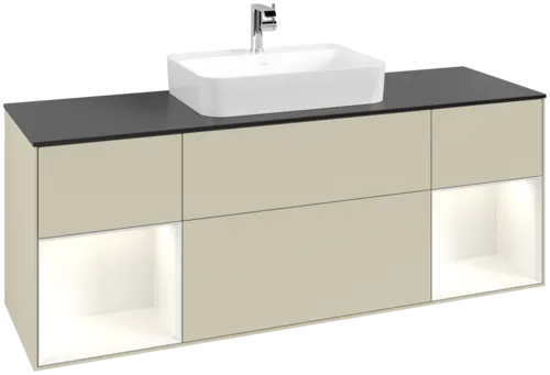 VILLEROY BOCH Toaletní skříňka Finion, s osvětlením, 4 výsuvy, 1600 x 603 x 501 mm, hedvábně šedý matný lak / lesklý bílý lak / černé matné sklo #F452GFHJ