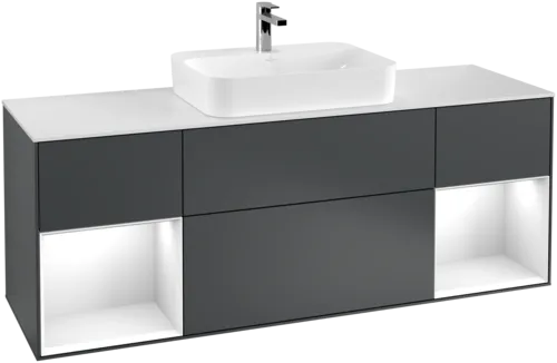 VILLEROY BOCH Toaletní skříňka Finion, s osvětlením, 4 výsuvy, 1600 x 603 x 501 mm, Midnight Blue Matt Lacquer / Glossy White Lacquer / Glass White Matt #F451GFHG