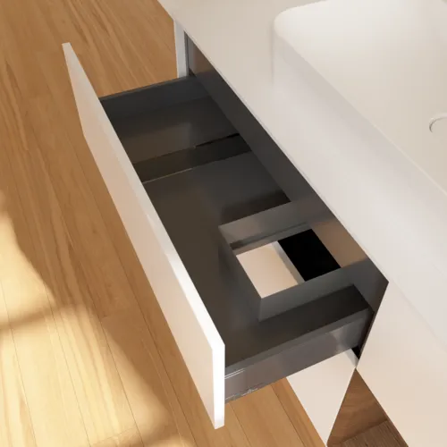 VILLEROY BOCH Toaletní skříňka Finion, s osvětlením, 3 výsuvy, 1200 x 603 x 501 mm, bílý matný lak / ořechová dýha / sklo bílé matné #F421GNMT, obrázek 8