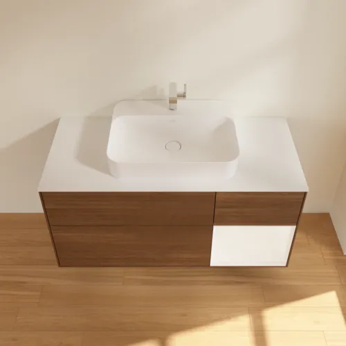VILLEROY BOCH Toaletní skříňka Finion, s osvětlením, 3 výsuvy, 1200 x 603 x 501 mm, ořechová dýha / bílý matný lak / bílé matné sklo #F421MTGN, obrázek 4