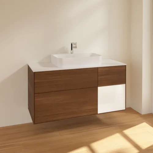 VILLEROY BOCH Toaletní skříňka Finion, s osvětlením, 3 výsuvy, 1200 x 603 x 501 mm, ořechová dýha / bílý matný lak / bílé matné sklo #F421MTGN, obrázek 2
