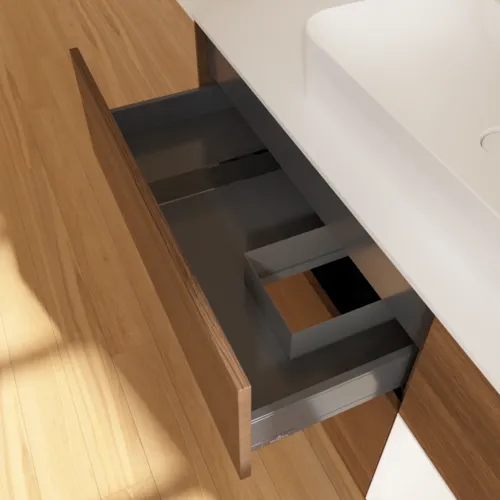 VILLEROY BOCH Toaletní skříňka Finion, s osvětlením, 3 výsuvy, 1200 x 603 x 501 mm, ořechová dýha / bílý matný lak / bílé matné sklo #F421MTGN, obrázek 8