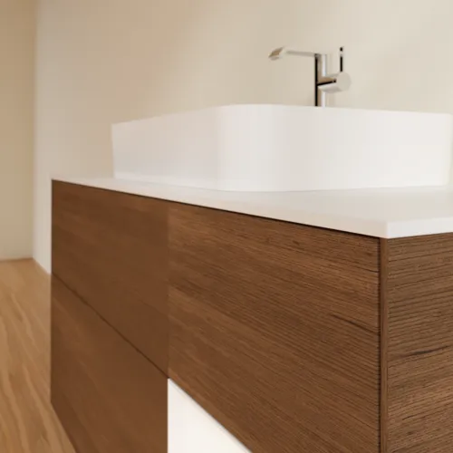 VILLEROY BOCH Toaletní skříňka Finion, s osvětlením, 3 výsuvy, 1200 x 603 x 501 mm, ořechová dýha / bílý matný lak / bílé matné sklo #F421MTGN, obrázek 6