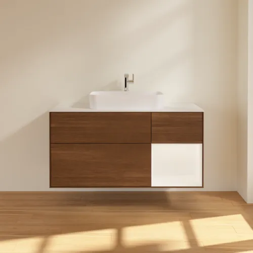 VILLEROY BOCH Toaletní skříňka Finion, s osvětlením, 3 výsuvy, 1200 x 603 x 501 mm, ořechová dýha / bílý matný lak / bílé matné sklo #F421MTGN, obrázek 3