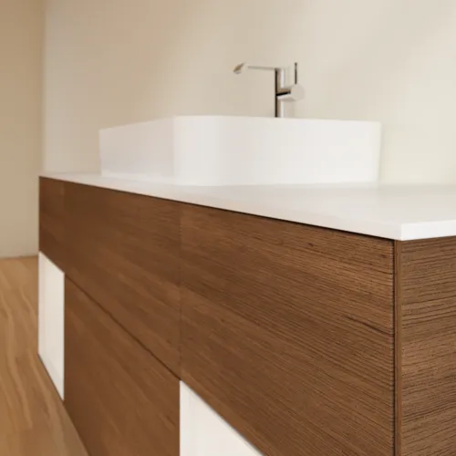 VILLEROY BOCH Toaletní skříňka Finion, s osvětlením, 4 výsuvy, 1600 x 603 x 501 mm, ořechová dýha / lesklý bílý lak / sklo bílé matné #F451GFGN, obrázek 5