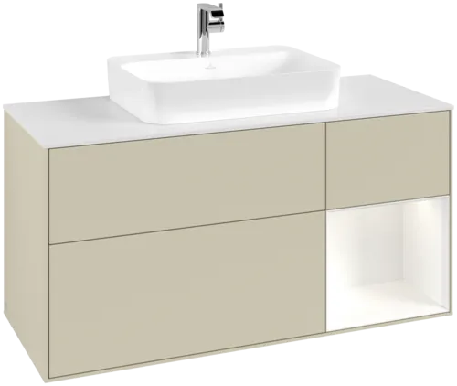 VILLEROY BOCH Toaletní skříňka Finion, s osvětlením, 3 výsuvy, 1200 x 603 x 501 mm, Silk Grey Matt Lacquer / White Matt Lacquer / Glass White Matt #F421MTHJ