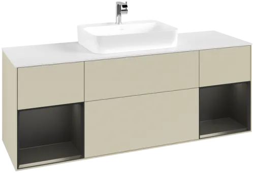 VILLEROY BOCH Toaletní skříňka Finion, s osvětlením, 4 výsuvy, 1600 x 603 x 501 mm, hedvábně šedý matný lak / černý matný lak / bílé matné sklo #F451PDHJ