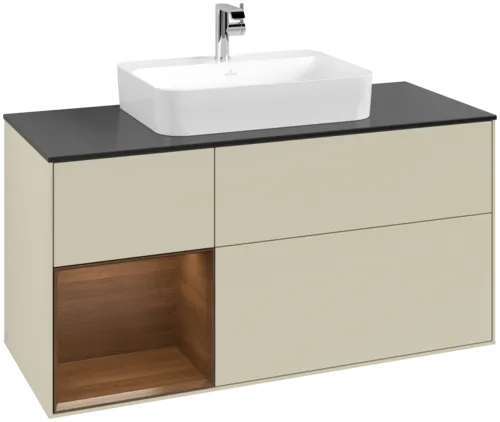 VILLEROY BOCH Toaletní skříňka Finion, s osvětlením, 3 výsuvy, 1200 x 603 x 501 mm, hedvábně šedý matný lak / ořechová dýha / černé matné sklo #F412GNHJ